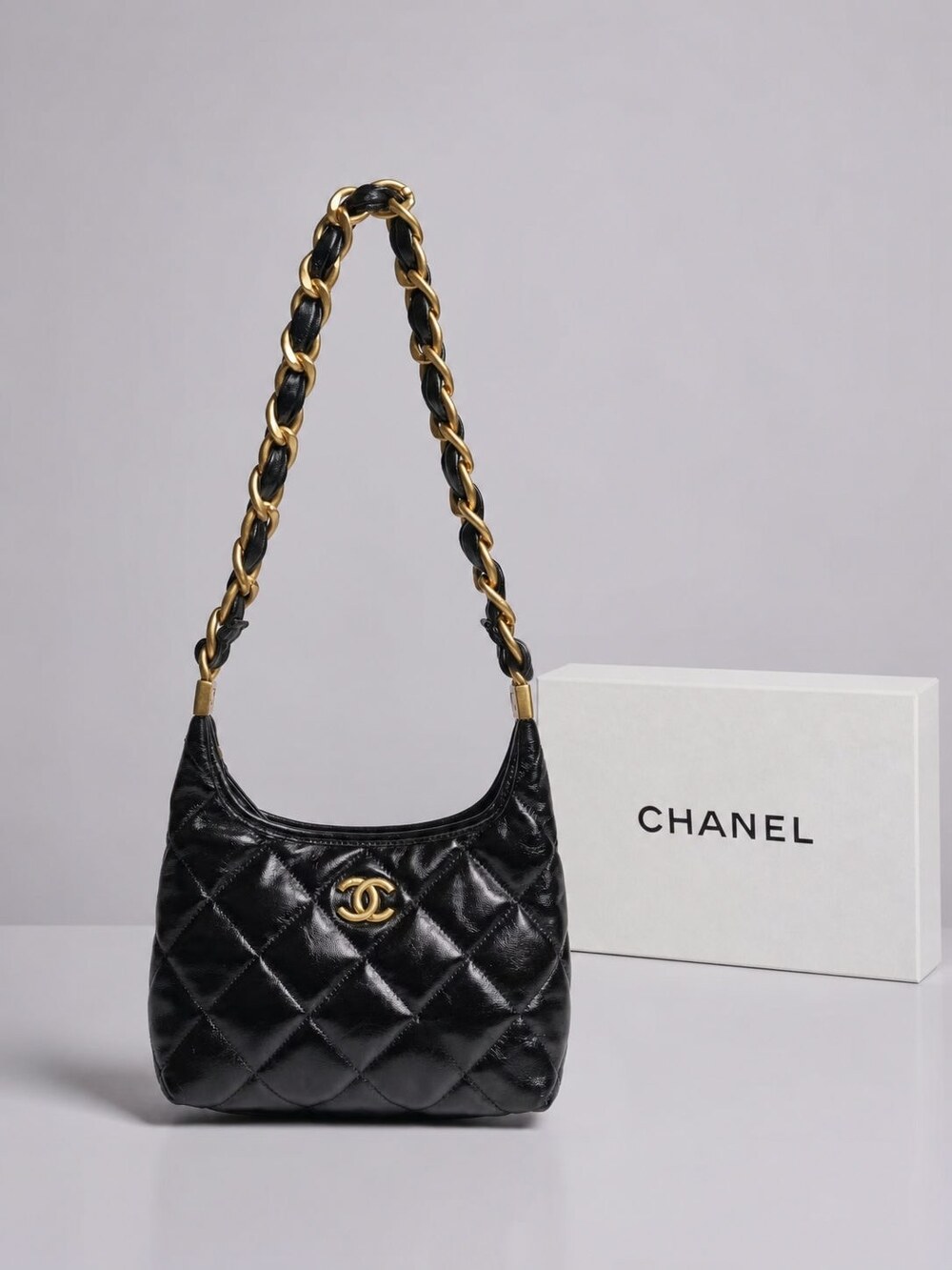 Chanel Shiny Black Calfskin Quilted Hobo with Gold Tone Hardware